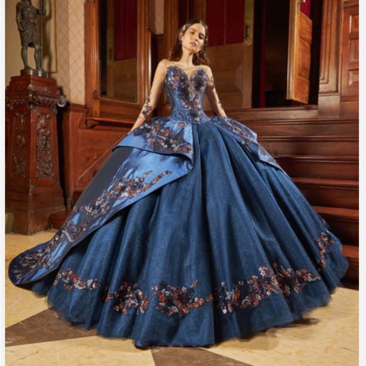 3-Piece Dress: Corset, Skirt And Removable Skirt. Measurements Bust 37.7 In Waist 30 In Hips 40.8 In Skirt Length 47 In Blue Charro Quinceanera Dresses, Quinceanera Dresses Long Sleeve, Navy Blue Quinceanera, Navy Blue Quinceanera Dresses, Blue Quinceanera Dresses, Mexican Quinceanera Dresses, Quinceanera Themes Dresses, Charro Quinceanera Dresses, Sweet 16 Dress