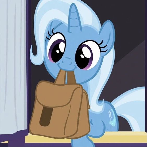 a blue pony with big eyes standing in front of a door and looking at something