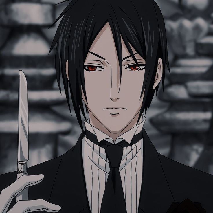 an anime character with black hair holding a knife in one hand and looking at the camera