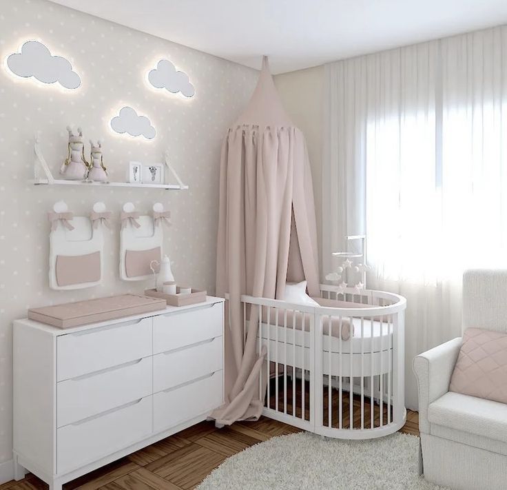 a baby's room with pink and white decor