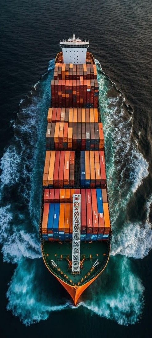 an aerial view of a container ship in the ocean