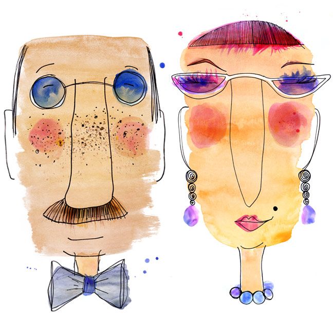 two people wearing glasses and bow ties with their faces drawn in watercolor on paper