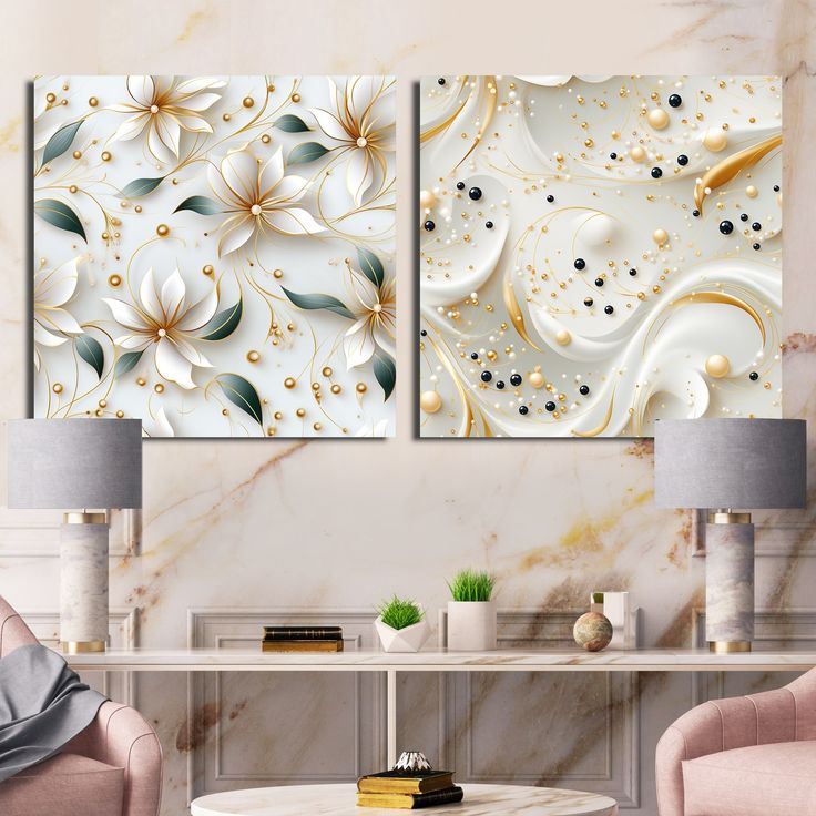 three paintings on a wall in a living room