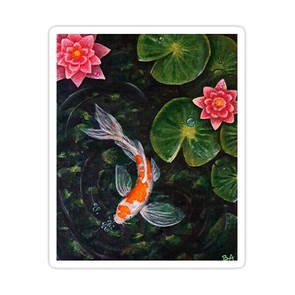 a painting of a koi fish and water lilies in a pond with lily pads