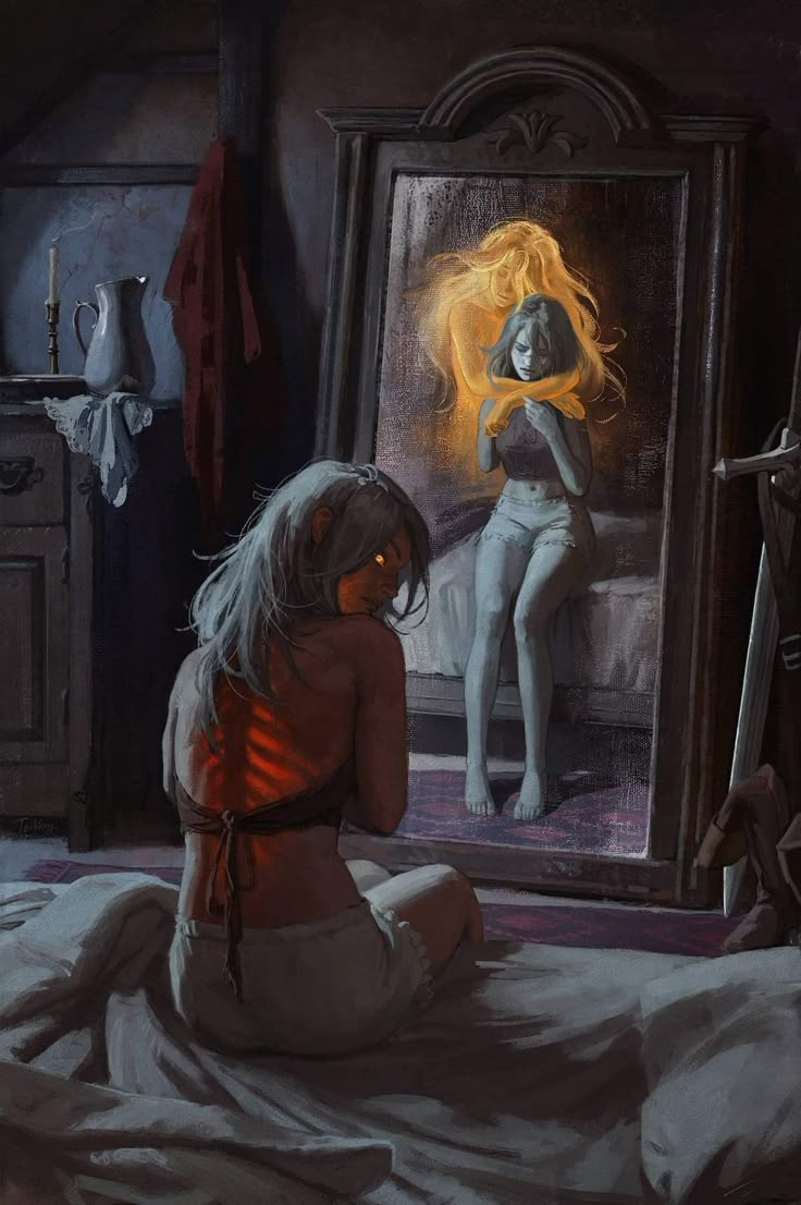 a painting of a woman sitting in front of a mirror looking at herself in the mirror