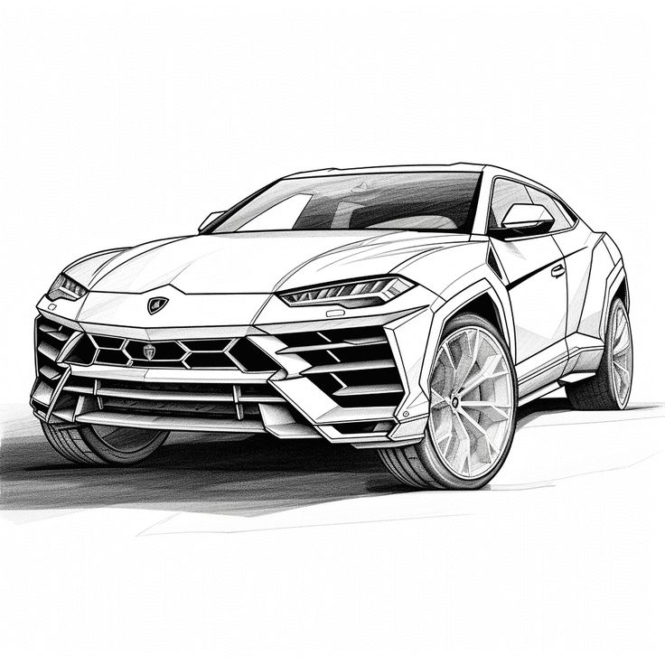 a drawing of a sports car in black and white