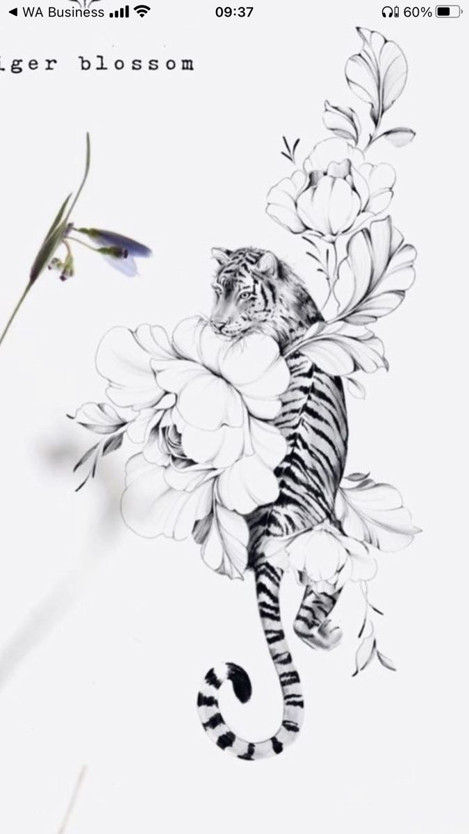 a black and white drawing of a tiger with flowers on it's back legs