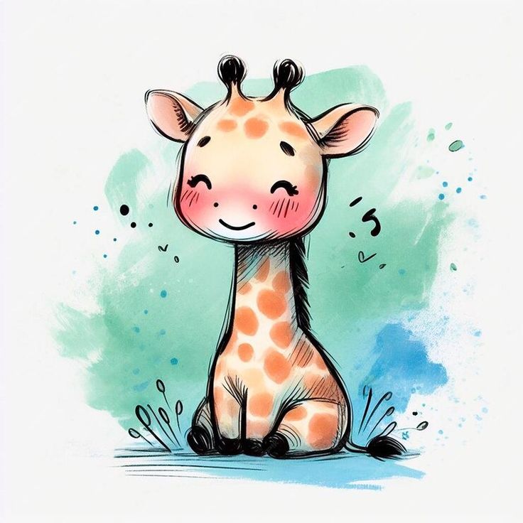 a drawing of a giraffe sitting on the ground with its eyes closed and tongue out