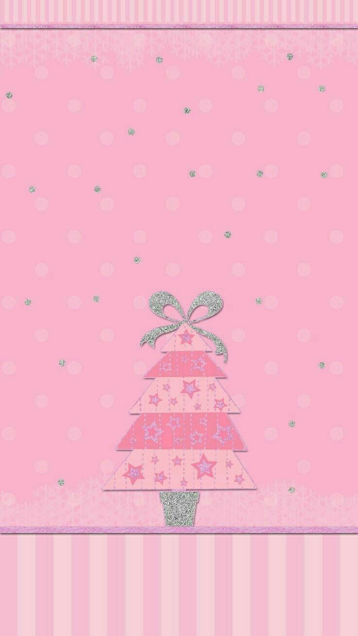 a pink christmas card with a tree on the front and stars in the back,