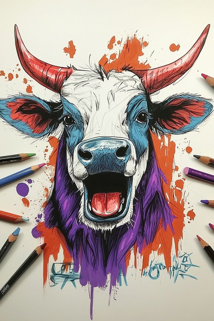 Colorful graffiti drawing of a cow with vibrant colors in purple, blue, and red, easy graffiti drawings animals. Drawings Ideas For Beginners, Animal Graffiti, Graffiti Drawings, Graffiti Ideas, Cartoon Characters Sketch, Easy Graffiti, Easy Graffiti Drawings, Drawings Ideas, Cow Design