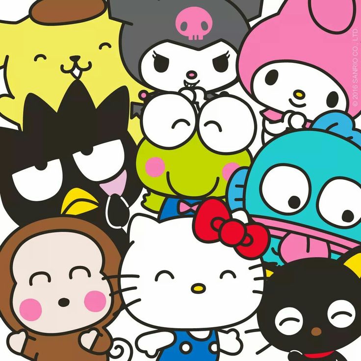 a group of hello kitty and other cartoon characters with their faces painted in different colors