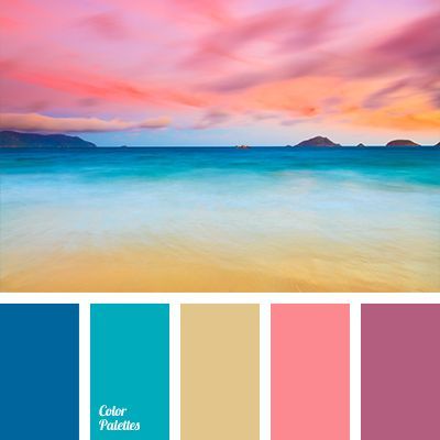 an ocean scene with pink, blue and yellow colors in the sky above it is a beach