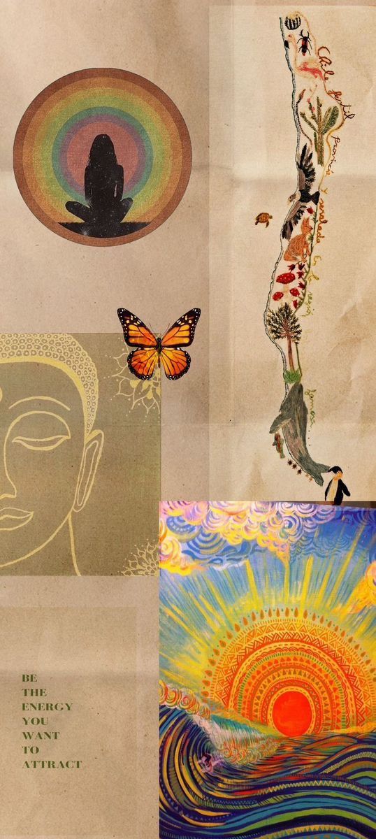 a collage of images with different types of art on them, including an image of a person and a butterfly