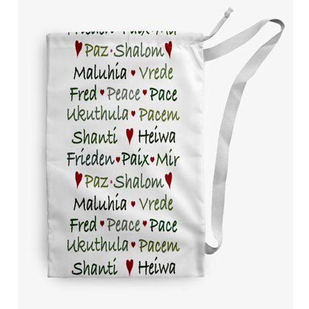 a tote bag with words written in different languages and colors on the front side