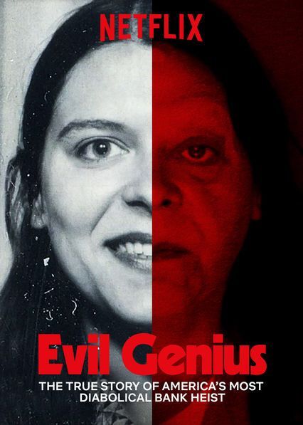 the poster for evil genius, which features a woman's face with red and white stripes