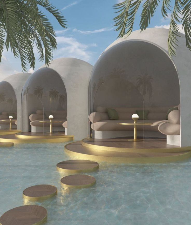 an artistic rendering of a swimming pool with couches and lamps