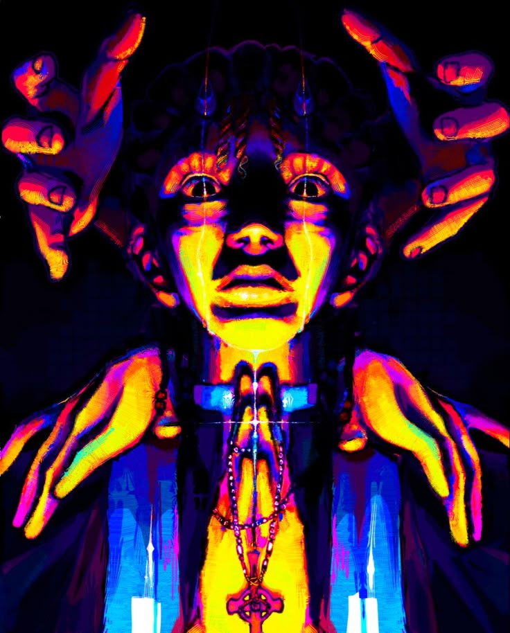 a digital painting of a woman with her hands on her head and fingers in the air