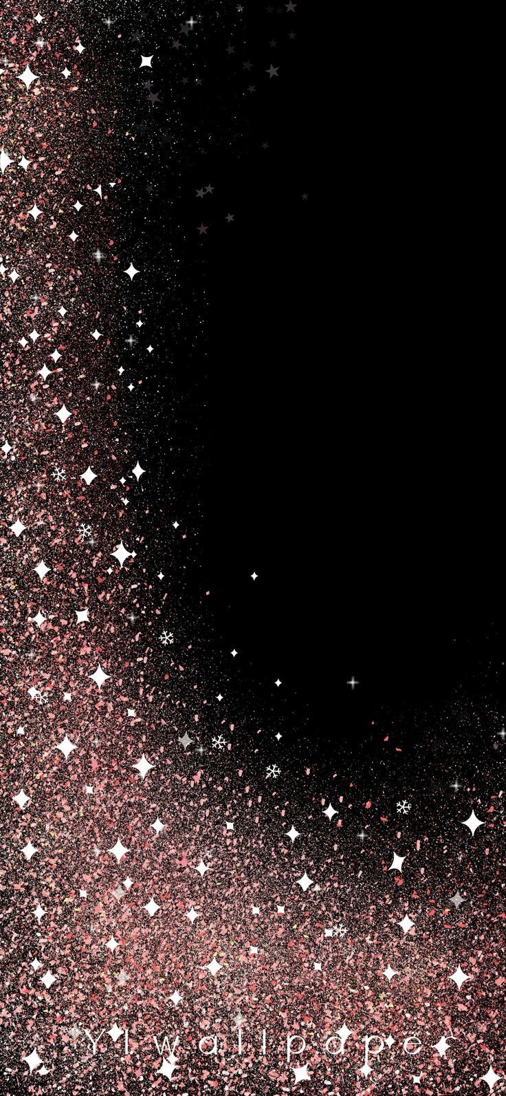 a black background with white stars in the middle and pink glitter on the bottom right corner