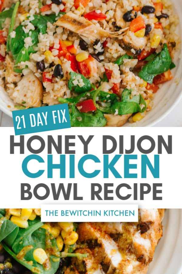 the 21 day fix for honey duon chicken bowl recipe is shown on a white plate