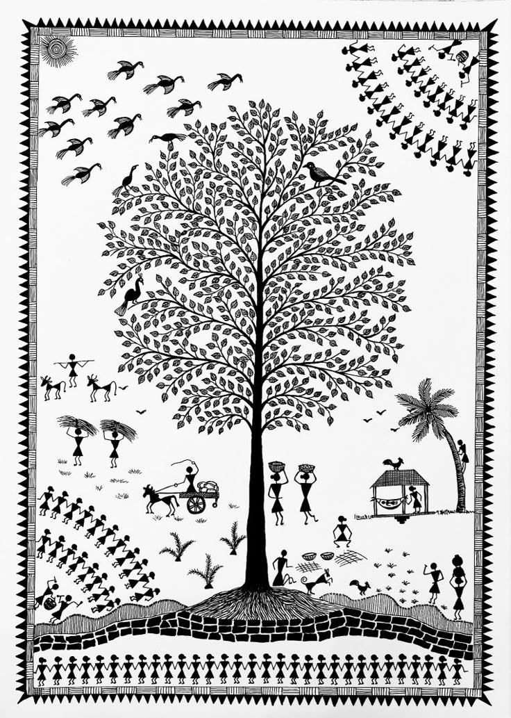 a tree with people and birds around it