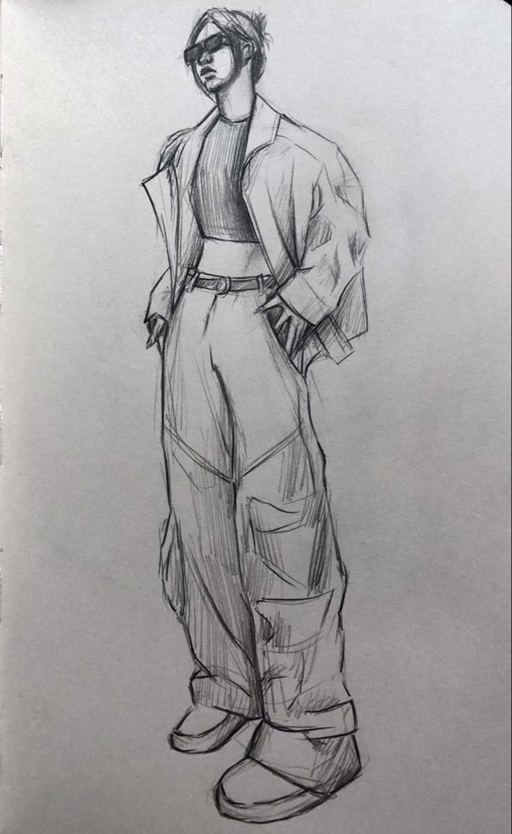 a pencil drawing of a man standing with his hands in his pockets