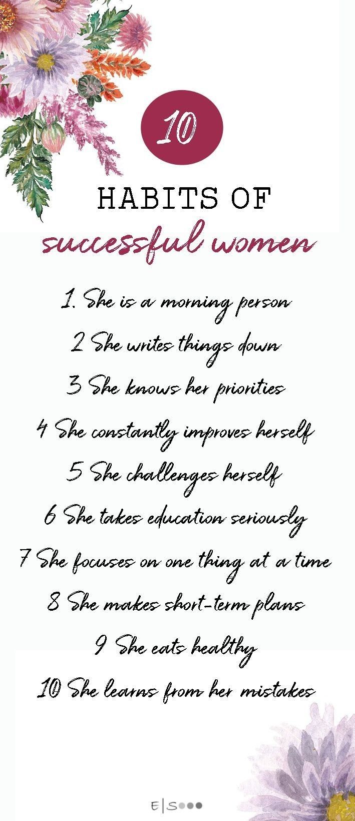 the ten habits of successful women with flowers on it and text overlaying them