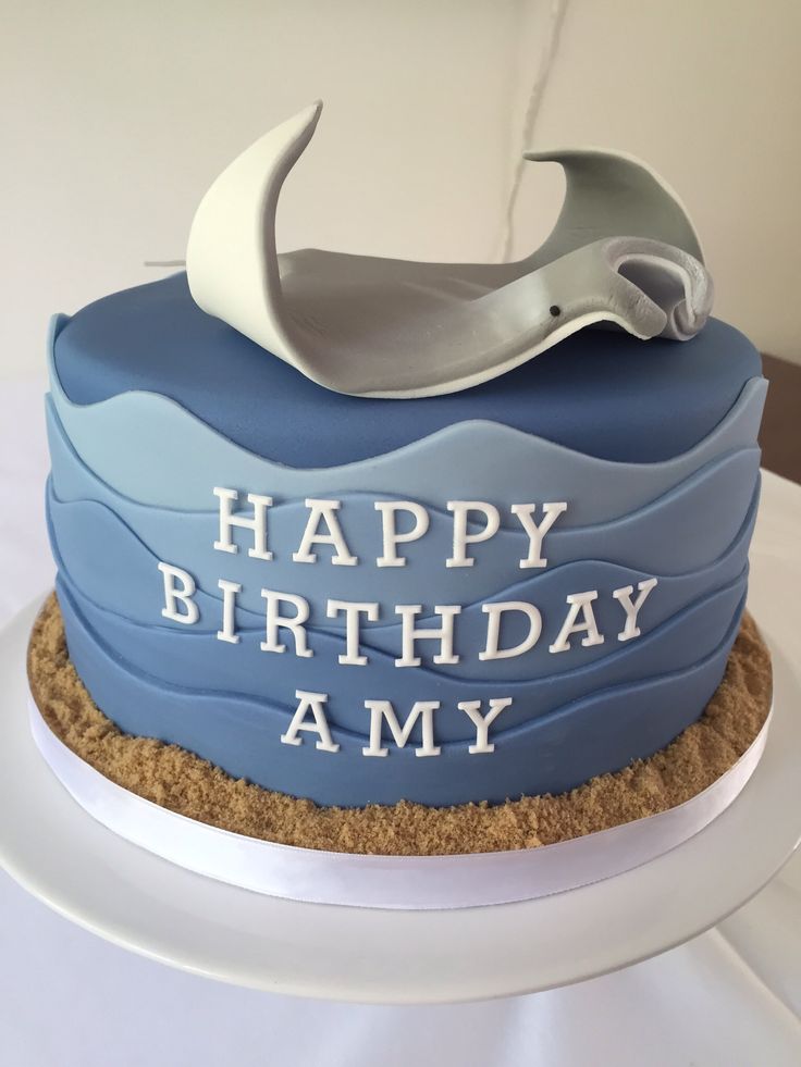 a blue birthday cake with white frosting on top and the words happy birthday amv