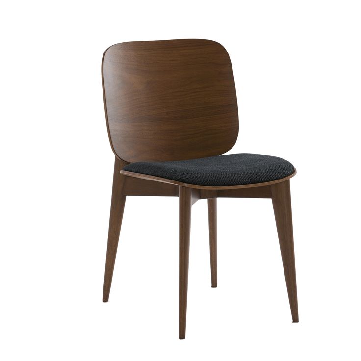 a wooden chair with a black seat pad on it's back and the seat upholstered