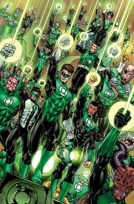 the green lantern gang is standing in front of an array of other characters and their faces