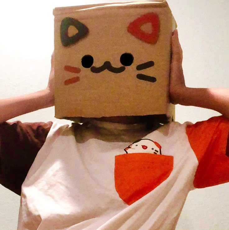 a person wearing a box on their head with a cat face painted on the front