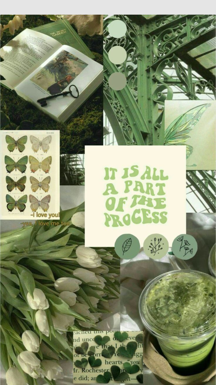 there is a collage with green and white flowers