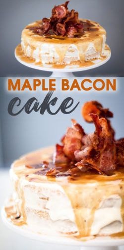 the cake is topped with bacon and caramel sauce