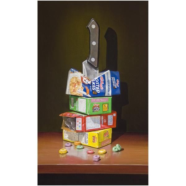 a painting of some food and a knife on top of each other in a wooden frame