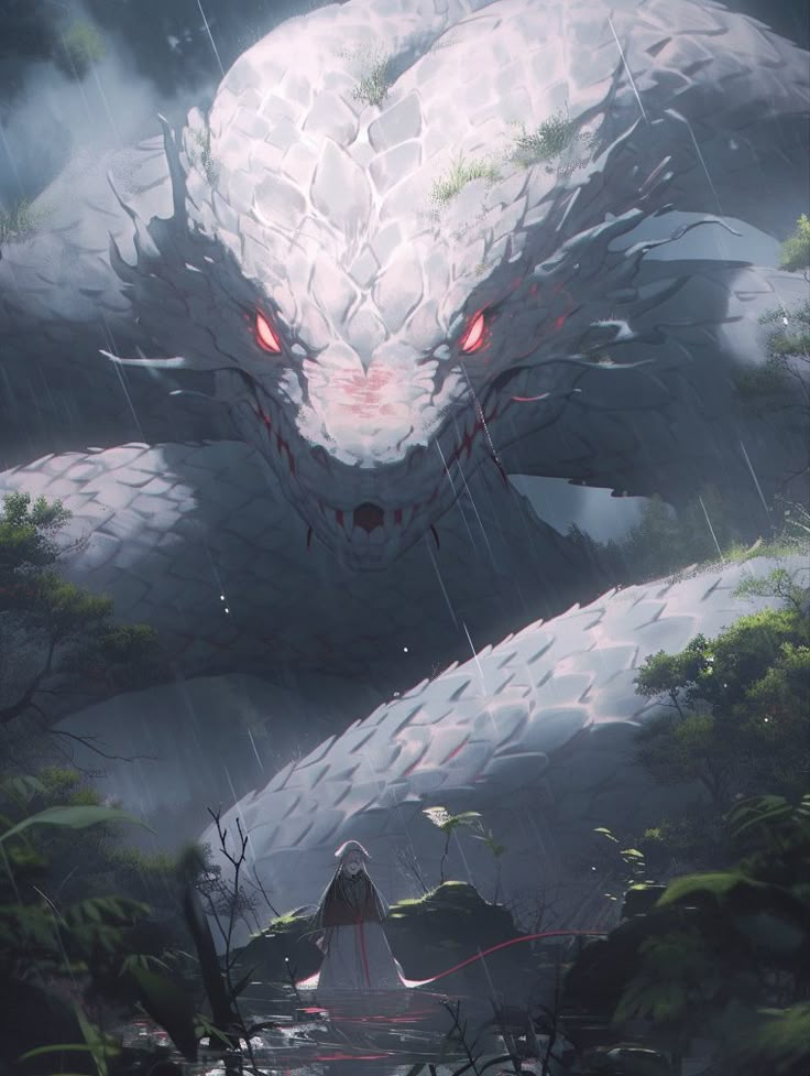 a white dragon with red eyes standing in the rain