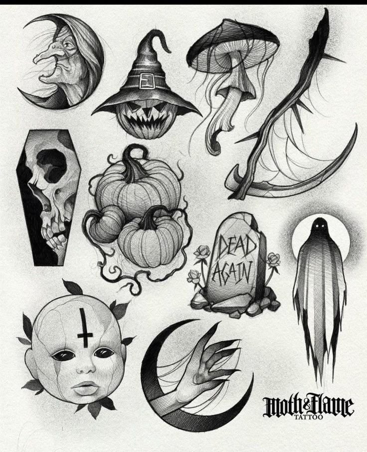 various halloween tattoos on a white paper with black ink and an image of pumpkins, ghost