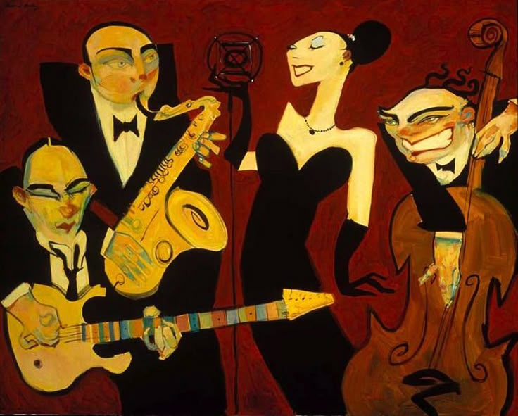 a painting of three people playing instruments and one is wearing a black dress while the other man in a tuxedo looks on