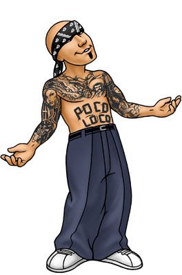 a cartoon drawing of a man with tattoos on his chest and hands in the air