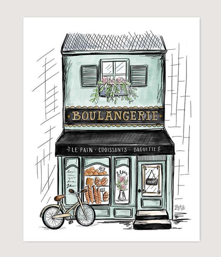 a drawing of a storefront with a bicycle parked outside it and the words boulangerie written on the front