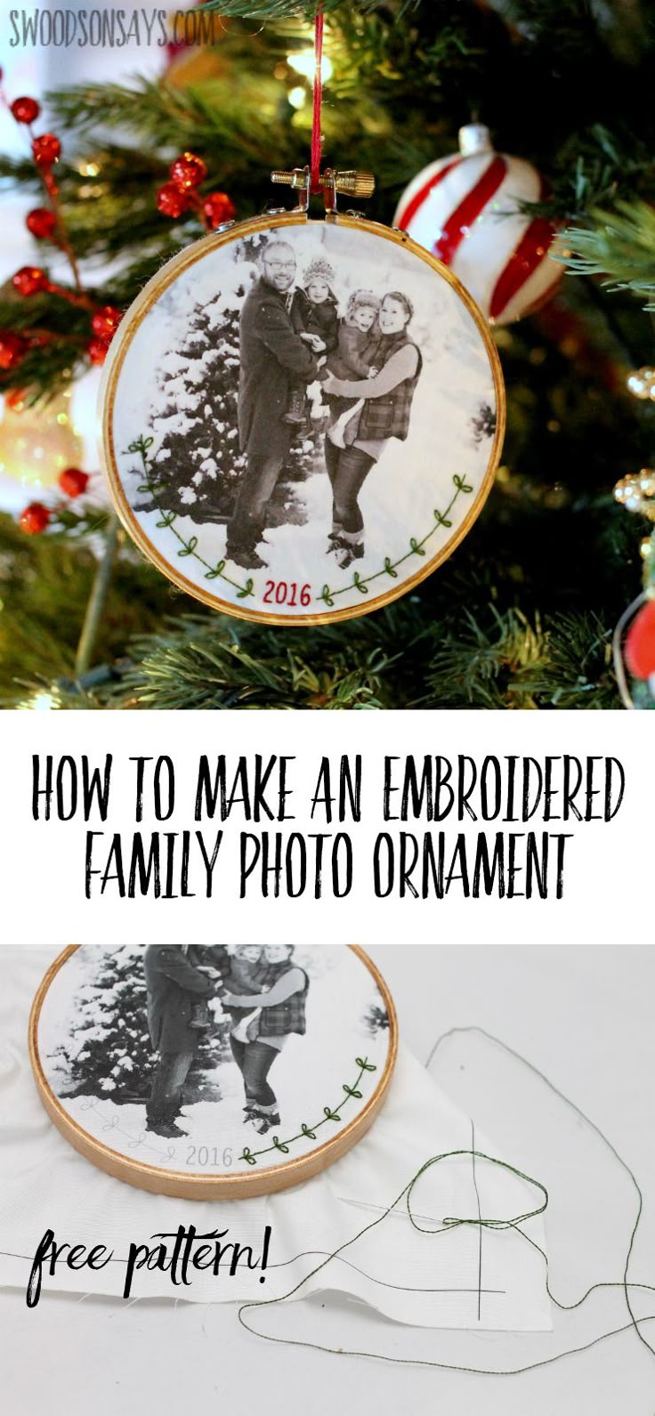 an ornament hanging from a christmas tree with the words how to make an embroidered family photo ornament