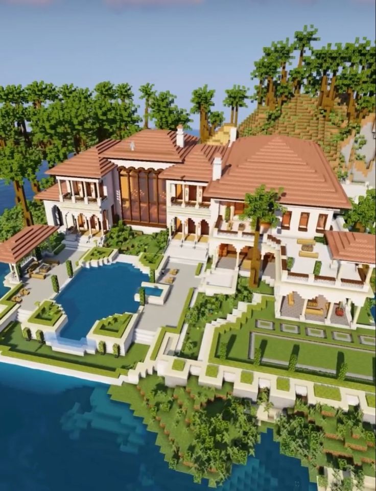 this is an artist's rendering of a large mansion on the shore of a lake