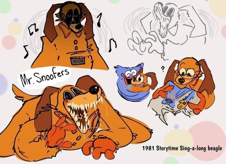 three cartoon dogs with different expressions on their faces and body, one is wearing an orange jacket