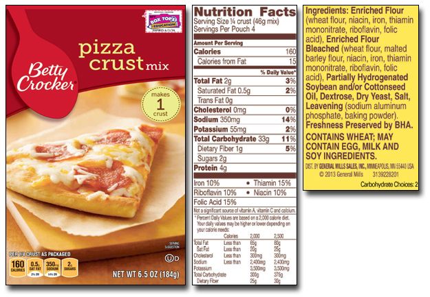 a box of pizza crust mix next to the label for it's packaging design