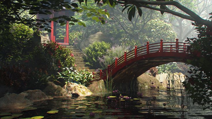 a red bridge over a body of water with lily pads on the ground and trees in the background