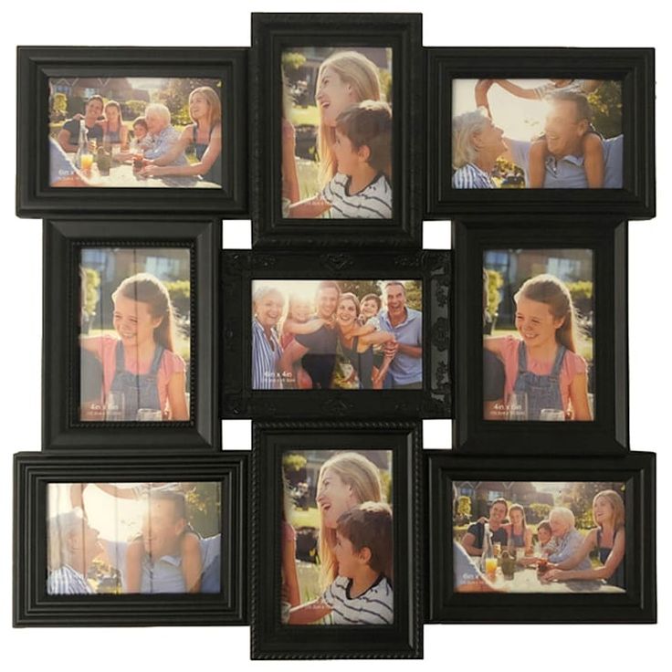 a group of pictures hanging on the side of a wall next to each other in black frames