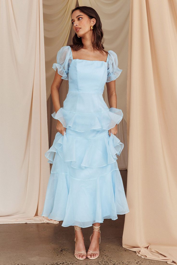 Delwynn Puff Sleeve Layered Midi Dress Blue Layered Formal Dresses, Organza Tiered Dress, Long Blue Formal Dresses, Blue Ruffled Dress, Tiered Organza Dress, Ruffle Dress With Sleeves, Hoco Dresses Flowy Long, Romantic Midi Dress, Midi Semi Formal Dress