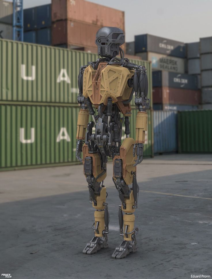 a robot is standing in front of some shipping containers