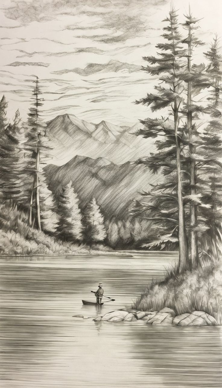 a pencil drawing of a man in a canoe on a lake surrounded by pine trees