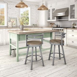 two stools sit at the center of a kitchen island