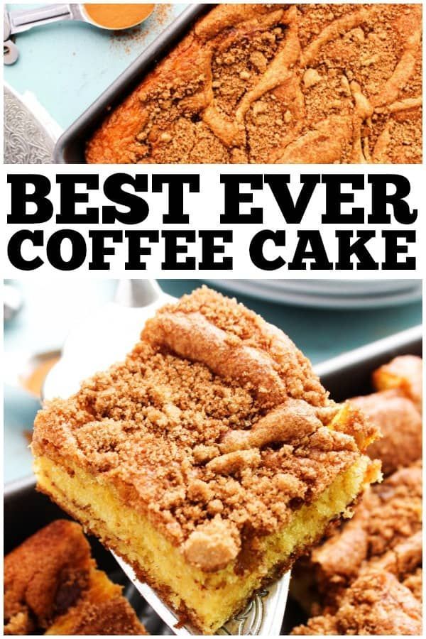 the best ever coffee cake recipe is in this collage and it's ready to be eaten