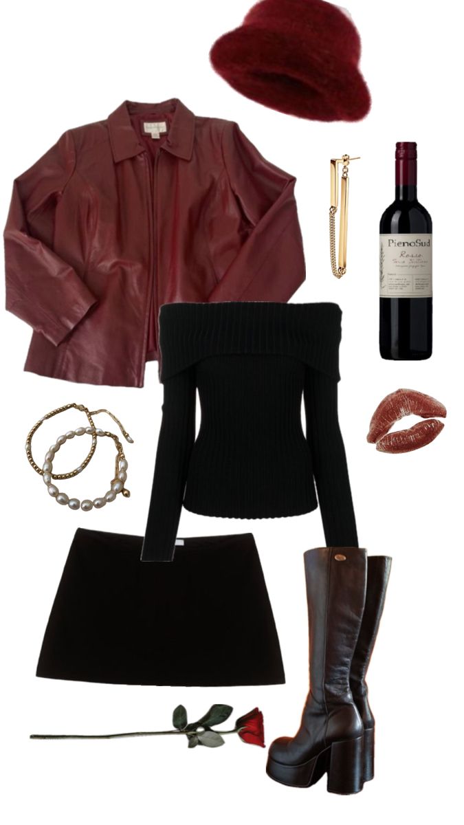 Adele Inspired Outfit, Wine Leather Jacket Outfit, Red Leather Top Outfit, Red Off Shoulder Top Outfits, Red Wine Outfit, Red Leather Skirt Outfit, Wine Red Jacket, Red Leather Jacket Outfit, Magazine Aesthetic